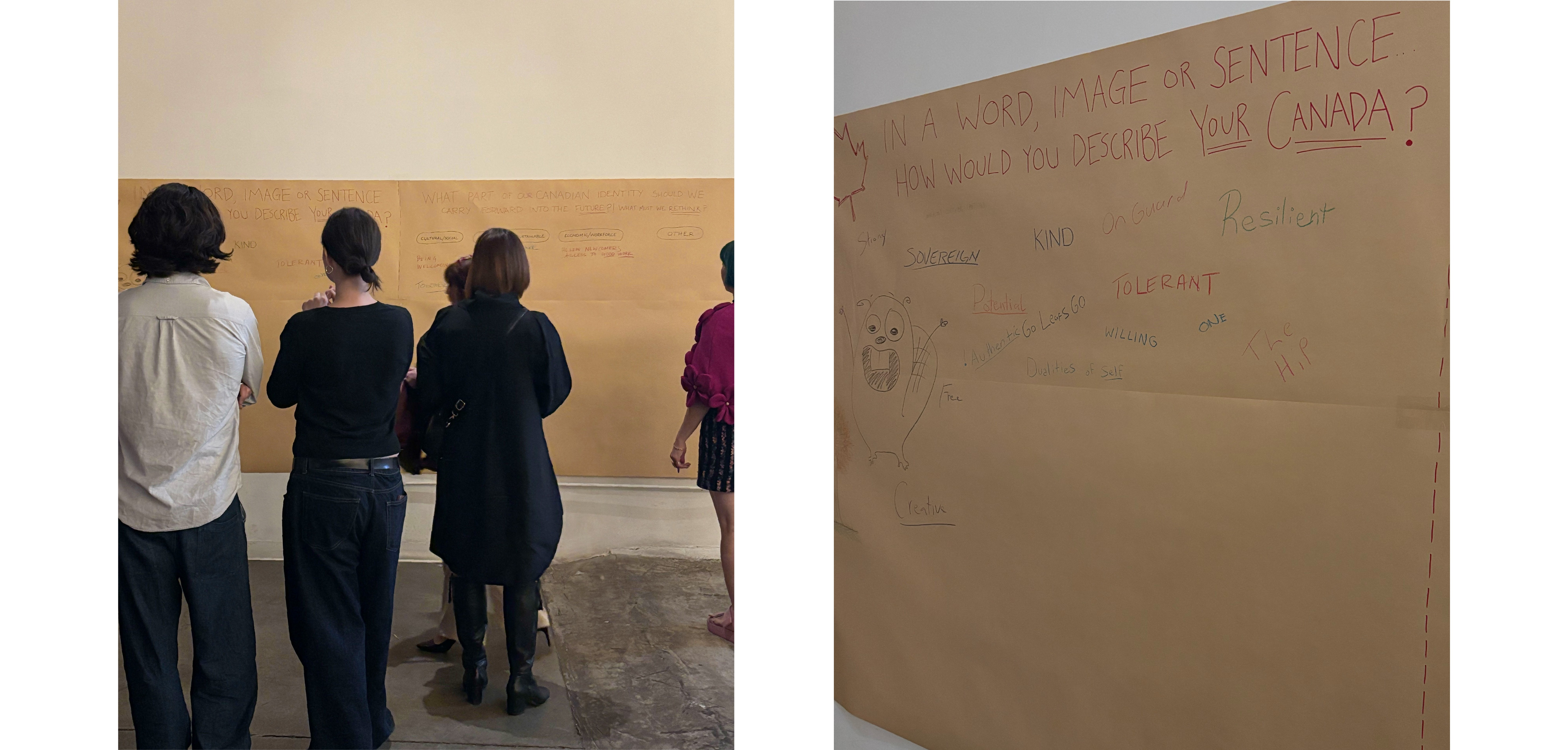 A large piece of kraft paper on the wall where attendees wrote their answers to various questions about Canadian identity.