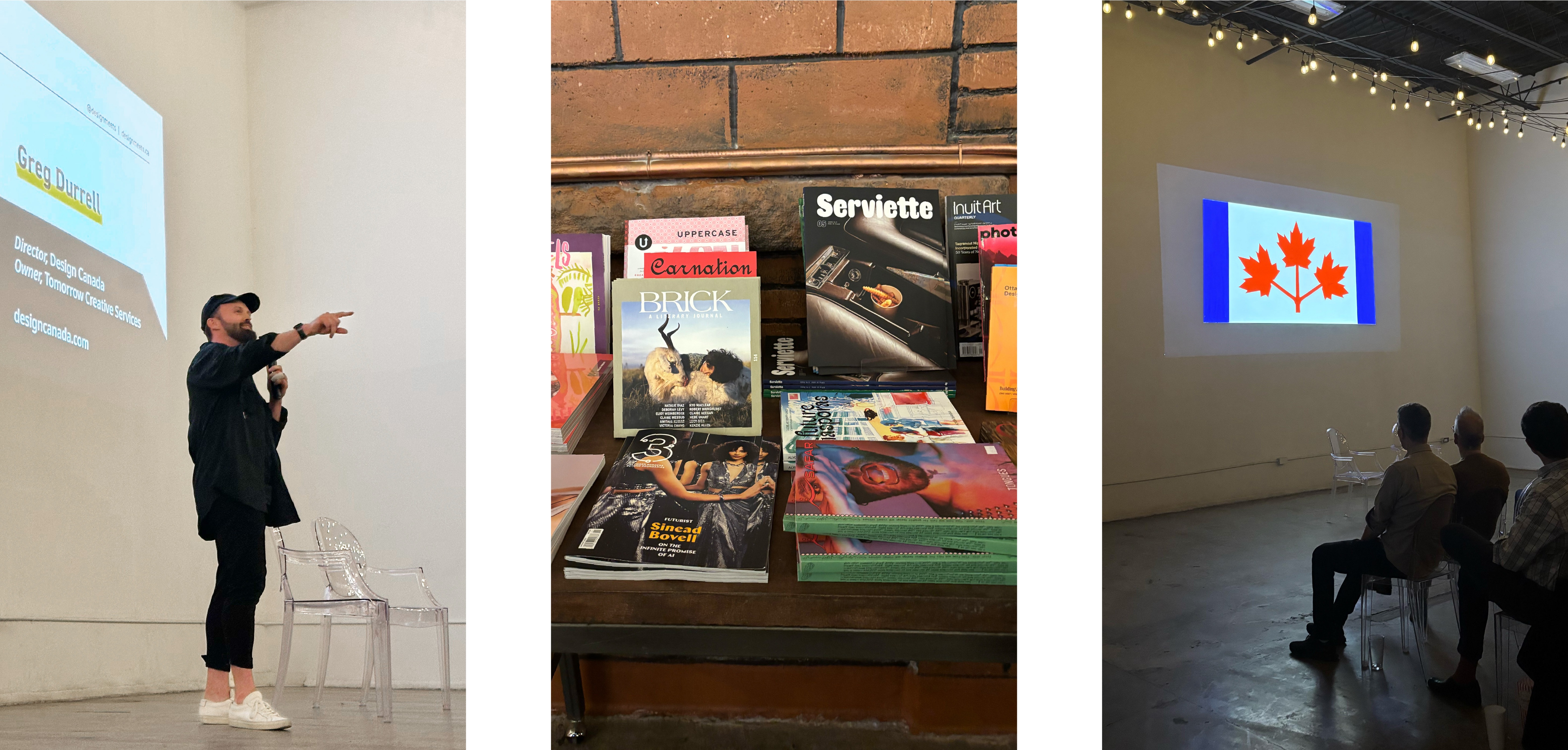 A triptych of images, the first of Greg Durrell speaking, the second of Issues Magazine Shop's spread of magazines, and the third of the movie being projected.